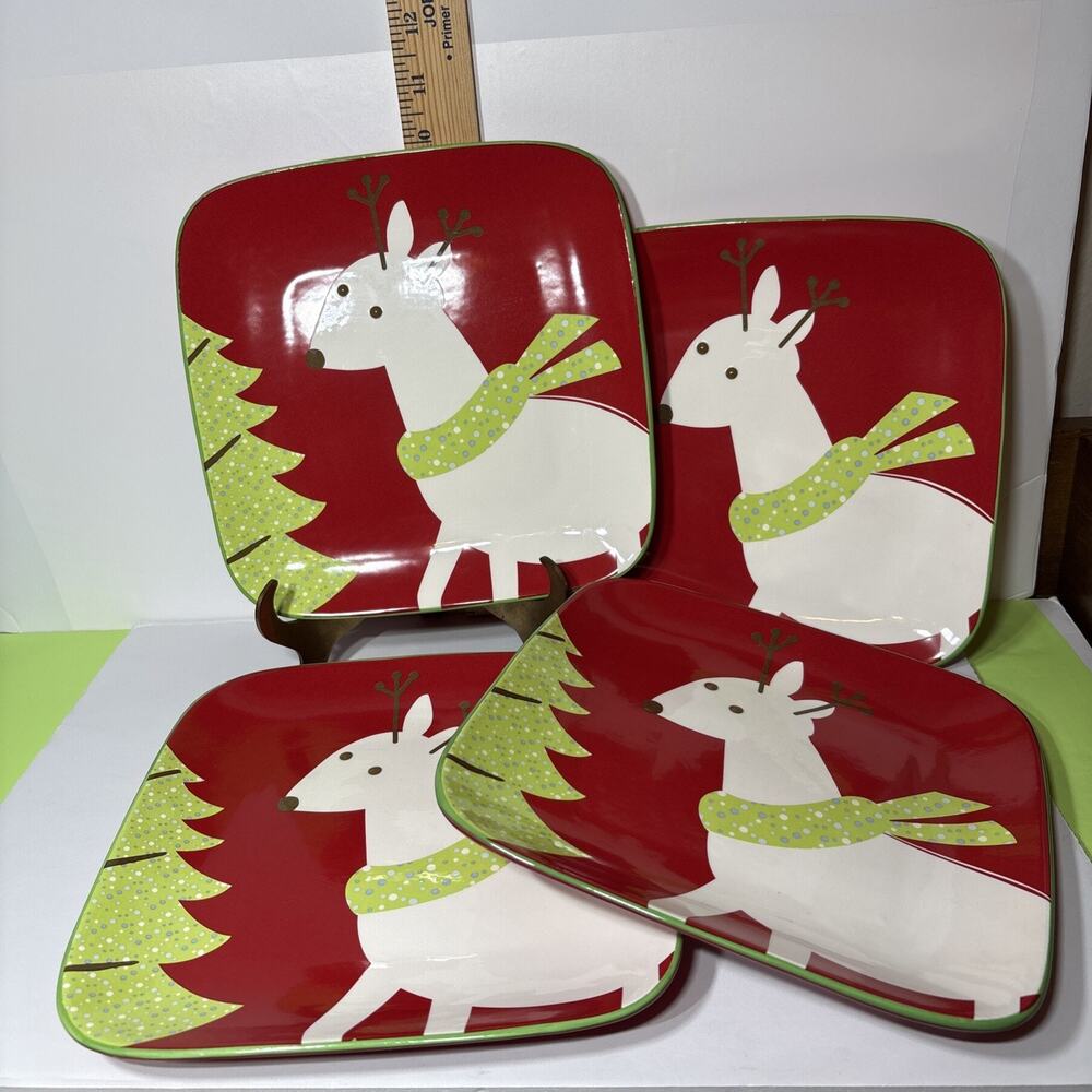 4 Vintage Target BE MERRY Square Reindeer Plates 9” Red Holiday 2008 Christmas
